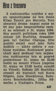 AH - Hra z trezoru. In Tvorba 32-1990 (8. 8. 1990), s. 2 (zpráva)