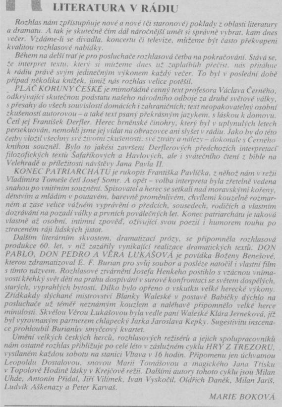 Boková, Marie - Literatura v rádiu. In Scéna 15-1990, s. 4