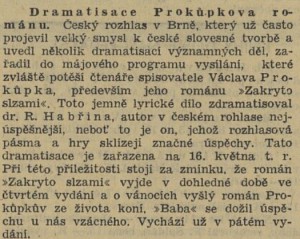 Dramatisace Prokůpkova románu. In Venkov, 19. 4. 1940
