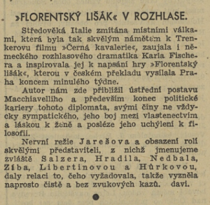 Florentský lišák v rozhlase. In Venkov, 17. 9. 1940