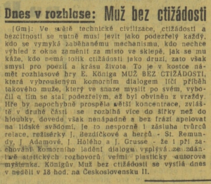 Gm - Dnes v rozhlase - Muž bez ctižádosti. In Lidová demokracie 57-1967 (26. 2. 1967), s. 4 (článek).