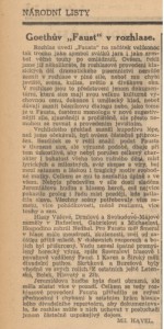 Havel, Miloslav - Goethův Faust v rozhlase. In Národní listy, 12. 4. 1941, s. 5 (recenze).