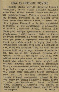 Havel, Miloslav - Hra o herecké pověře. In Venkov 221-1941 (19. 9. 1941), s. 7 (recenze).