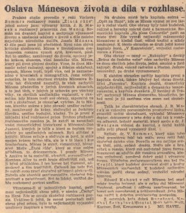 Havel, Miloslav - Oslava Mánesova života a díla v rozhlase. In Národní listy, 9. 1. 1940, s. 3 (recenze).