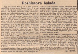 Havel, Miloslav - Rozhlasová balada. In Národní listy, 13. 1. 1940, s. 3 (recenze).