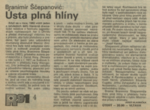 Hlavnička, Josef - Ústa plná hlíny. In Rozhlas 38-1991 (16. 9. 1991), s. 4 (článek).