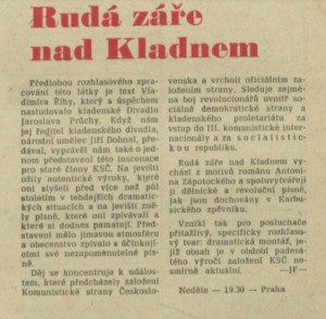 JF - Rudá záře nad Kladnem. In Rozhlas 20-1971 (3. 5. 1971), s. 7 (článek)