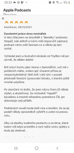 Kamilsson - Excelentní práce dvou novinářek. In web Apple Podcasts, 29. 12. 2021 (posluchačská recenze).
