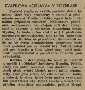 Kvapilova Oblaka v rozhlase. In Venkov 216-1941 (13. 9. 1941), s. 7 (recenze) 01