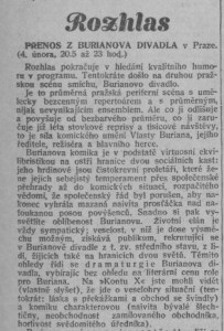 Rozhlas. Přenos z Burianova divadla. In Národní osvobození, 6. 2. 1932, s. 6 (recenze) 01