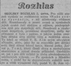 Rozhlas. Školský rozhlas - Naše zvony vyzvánějí. In Národní osvobození, 9. 2. 1932, s. 6 (01)
