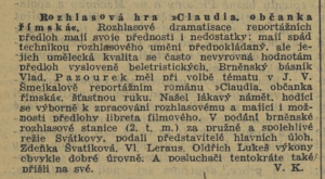 Rozhlasová hra Claudia, občanka římská. In Venkov, 8. 9. 1940 (recenze)