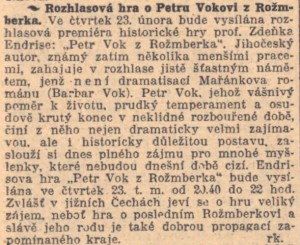 Rozhlasová hra o Petru Vokovi z Rožmberka. In Národní listy, 21. 2. 1939, s. 3 (zpráva).