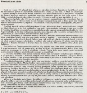 Vrkočová, Ludmila - Poznámka na závěr. In Kudy všudy za divadlem. Praha, Odeon 1984, s. 327 (vzpomínka).