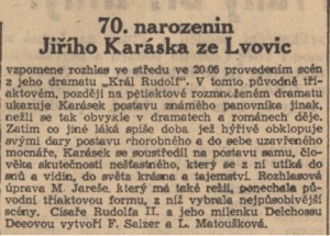 anonym - 70. narozenin Jiřího Karáska ze Lvovic... In Národní listy, 15. 4. 1941, s. 5 (anotace).