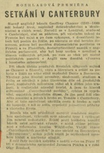 anonym - Rozhlasová premiéra. Setkání v Canterbury. In Čs. rozhlas a televize 17-1958 (15. 4. 1958), s. 1 (článek)