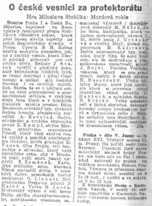 jfm - O české vesnici za protektorátu. Hra Miloslava Stehlíka Mordová rokle. In Svobodné slovo, 17.09.1949, 5(218), s. 4