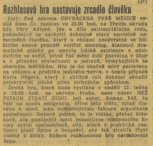 ju - Rozhlasová hra nastavuje zrcadlo člověku. In Lidová demokracie 8-1969 (10. 1. 1969), s. 5 (článek).
