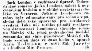 rk - Jack London v rozhlasové úpravě. In Lidové noviny, 10. 7. 1937, s. 2