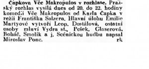 -rk- Čapkova Věc Makropulos v rozhlase. In Lidové noviny, 26. 4. 1935