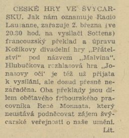 České hry ve Švýcarsku. In Náš rozhlas 9-1948, 29. 2. 1948, s. 6
