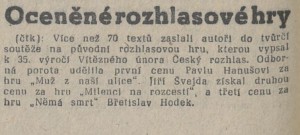 čtk - Oceněné rozhlasové hry. In Lidová demokracie 234-1982 (2. 10. 1982), s. 4 (noticka)